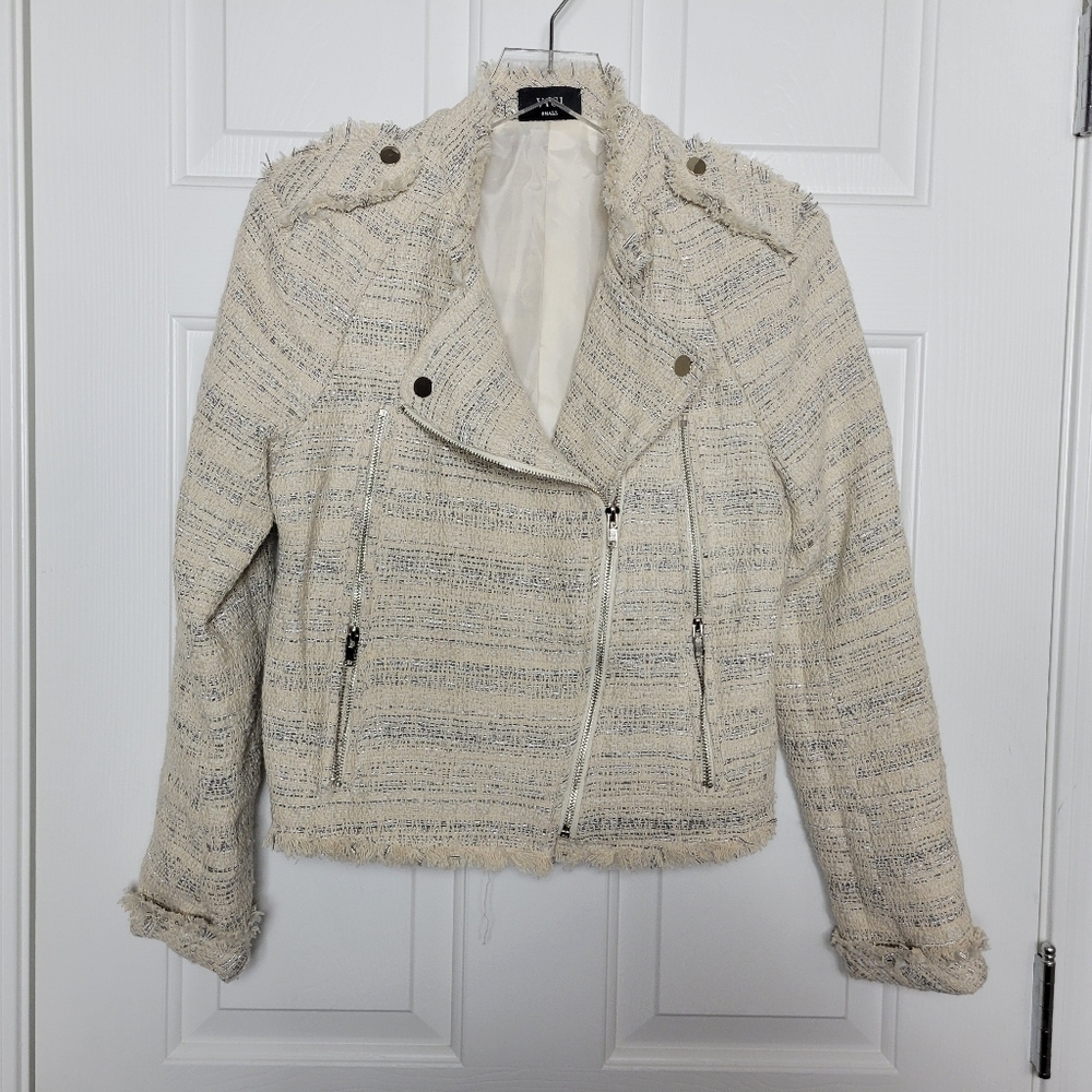 Vici Women's Small Ivory Collared Striped Moto Blazer Jacket